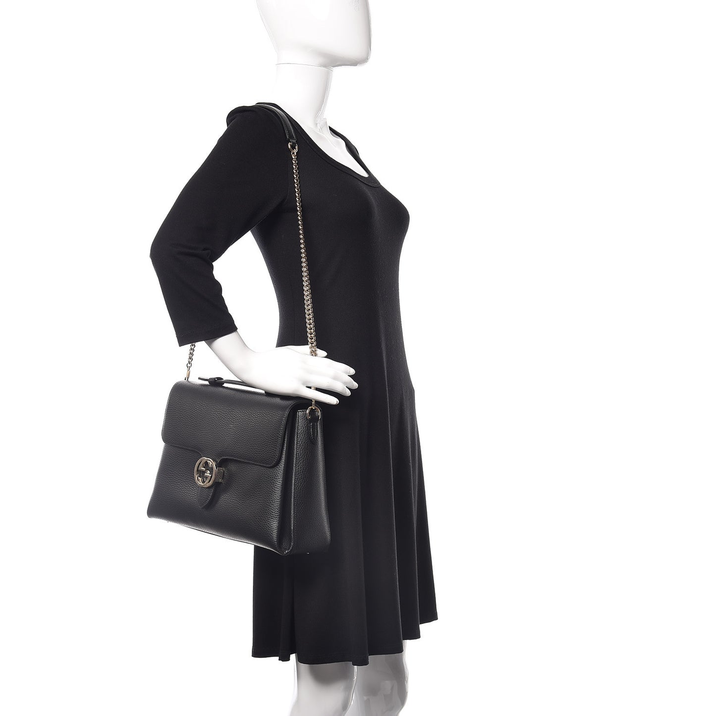 Dollar Calfskin Medium Interlocking G Top Handle Shoulder Bag Black