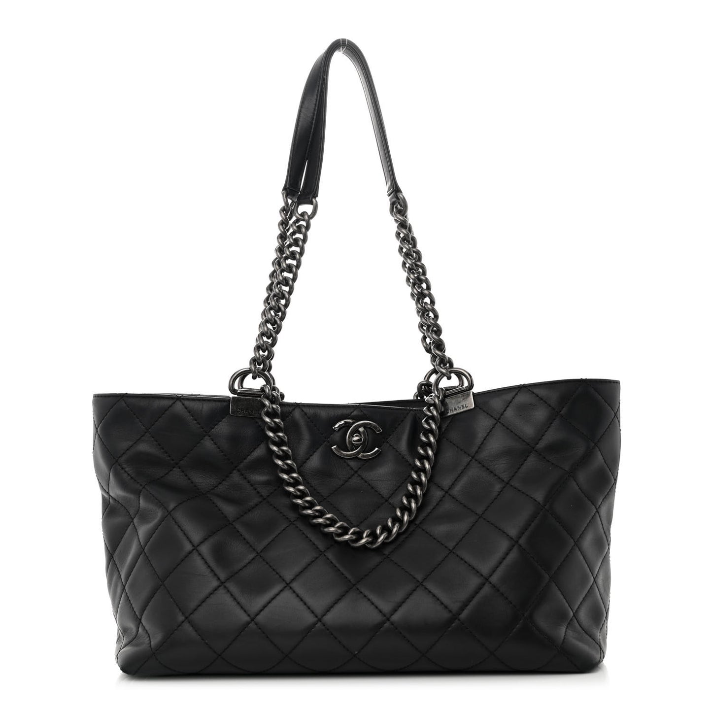 Calfskin Quilted Small Shopping In Chains Tote Black
