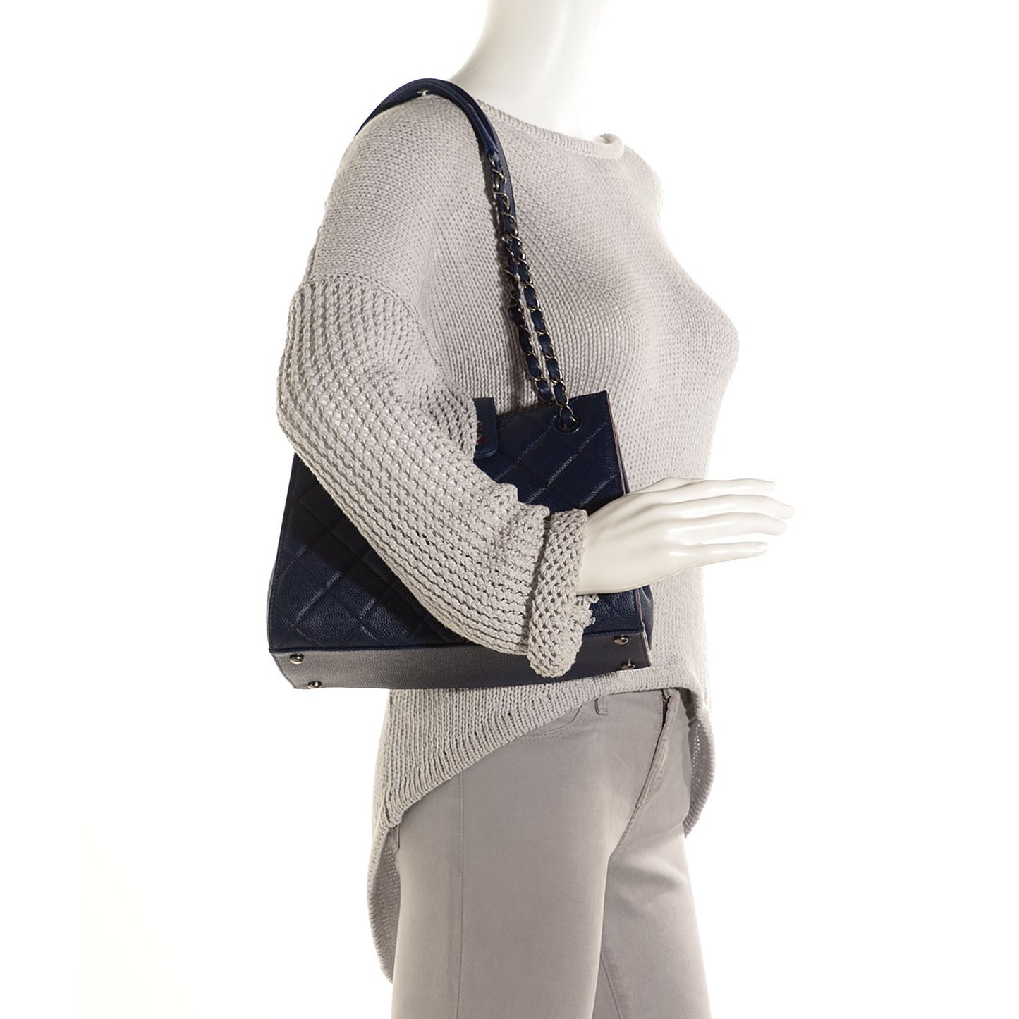Grained Calfskin Quilted CC Accordion Small Tote Blue