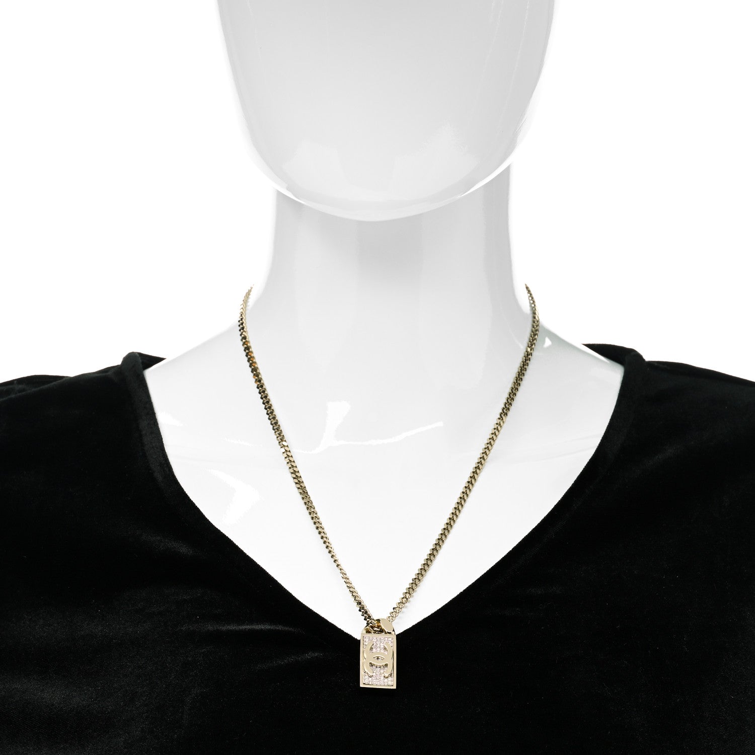 Chanel Crystal Dog Tag Charm Necklace Gold 2 of 5