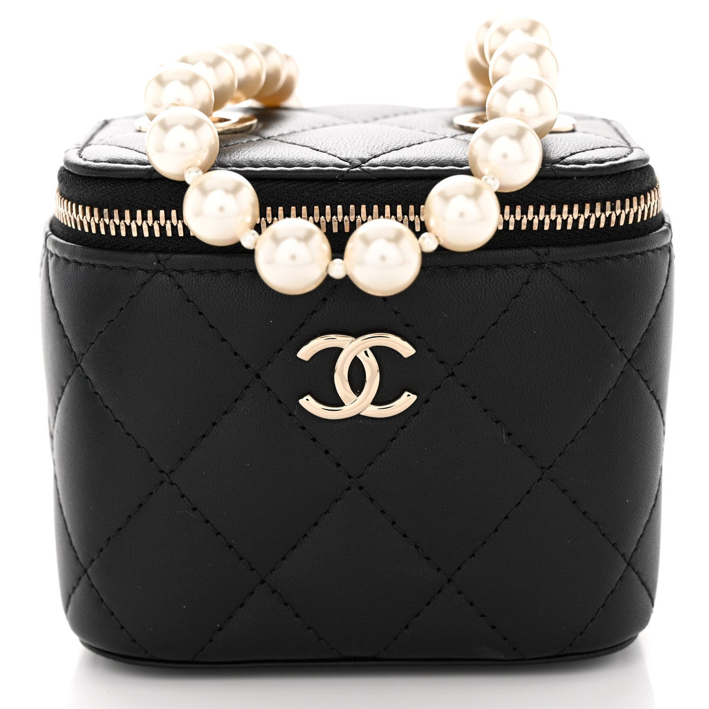 Lambskin Quilted Mini Vanity Case With Pearl Chain Black