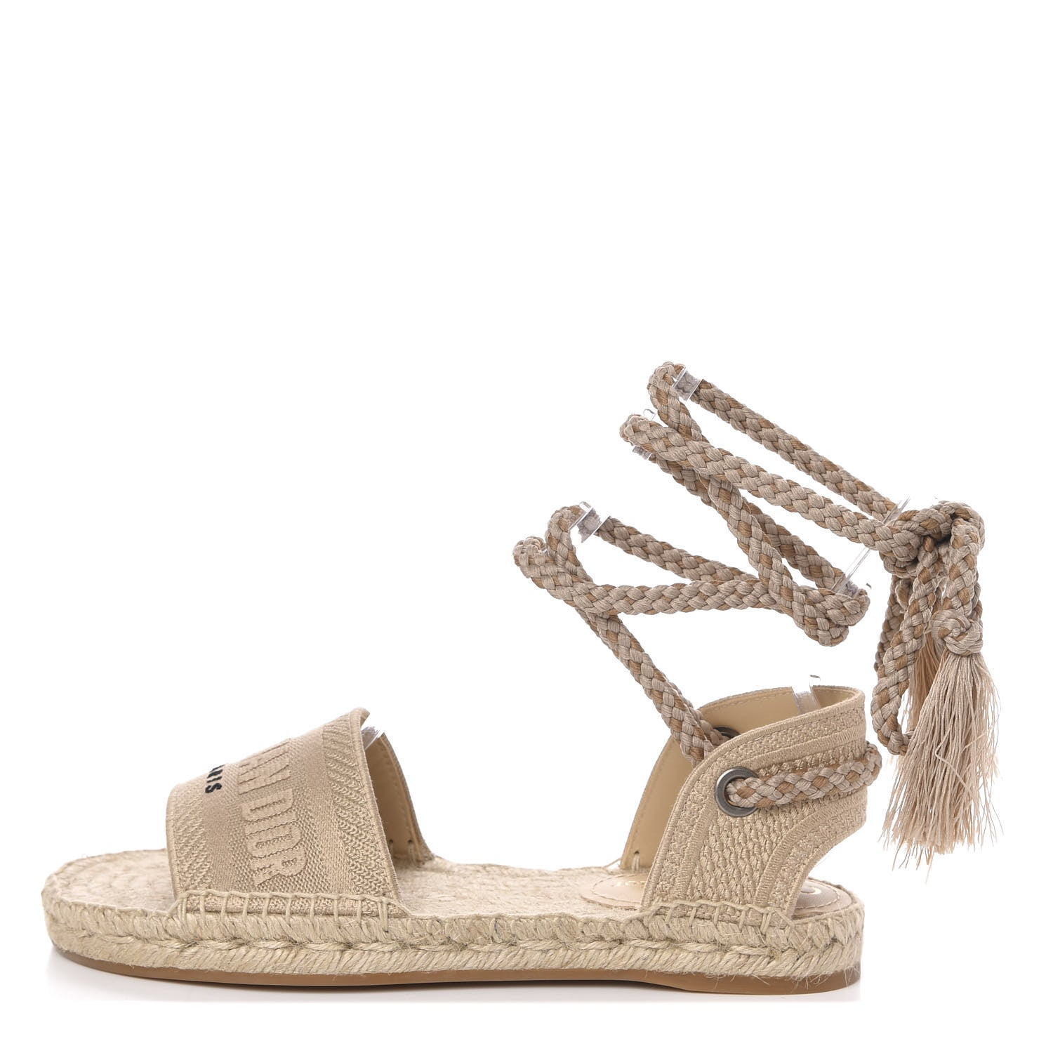 Christian Dior Canvas Embroidered Granville Ankle Tie Espadrille Flat Sandals 37.5 Cream 1 of 9