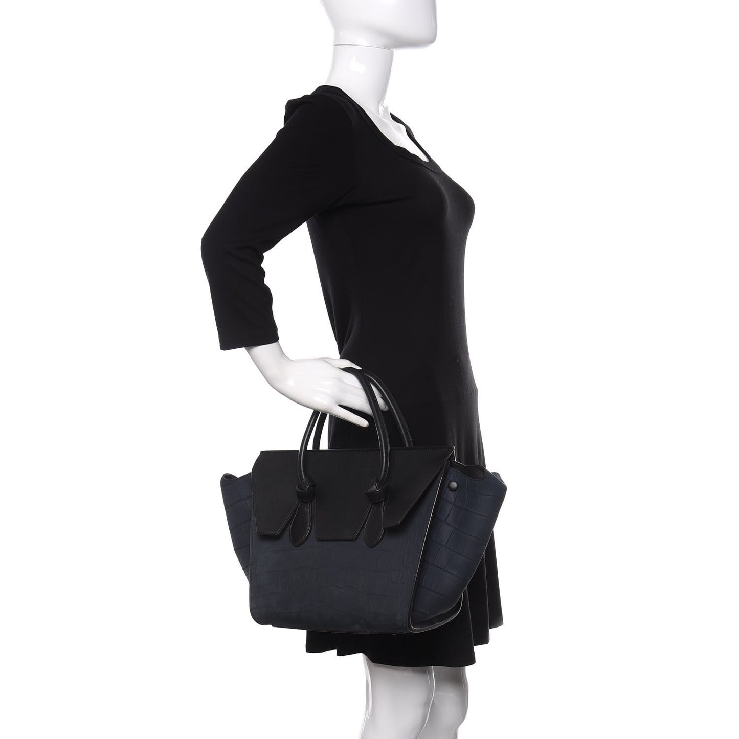 Smooth Calfskin Nubuck Crocodile Embossed Mini Tie Knot Tote Navy