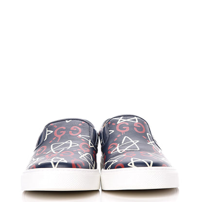 Gucci Calfskin GucciGhost Print Mens Dublin Slip On Sneakers 9.5 Blue Agata Hibiscus Red 2 of 8