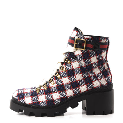 Gucci Vintage Tweed Check Lace Up Combat Ankle Boots 40.5 White Hibiscus Red Marine 1 of 10