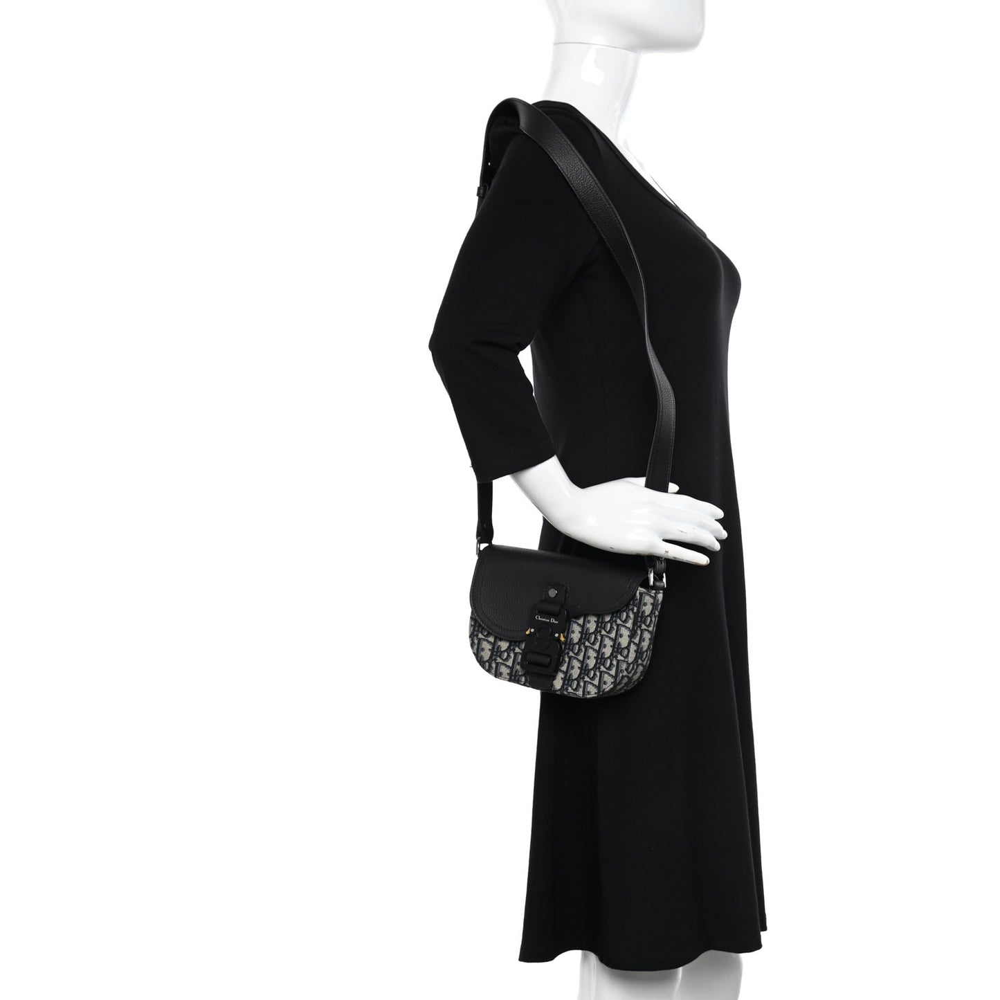 Oblique Jacquard Grained Calfskin Saddle Pouch With Strap Beige Black
