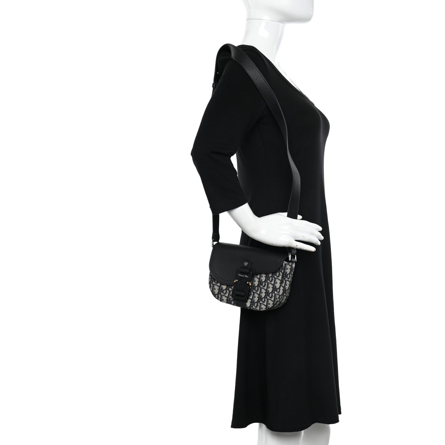 Christian Dior Oblique Jacquard Grained Calfskin Saddle Pouch With Strap Beige Black 2 of 11