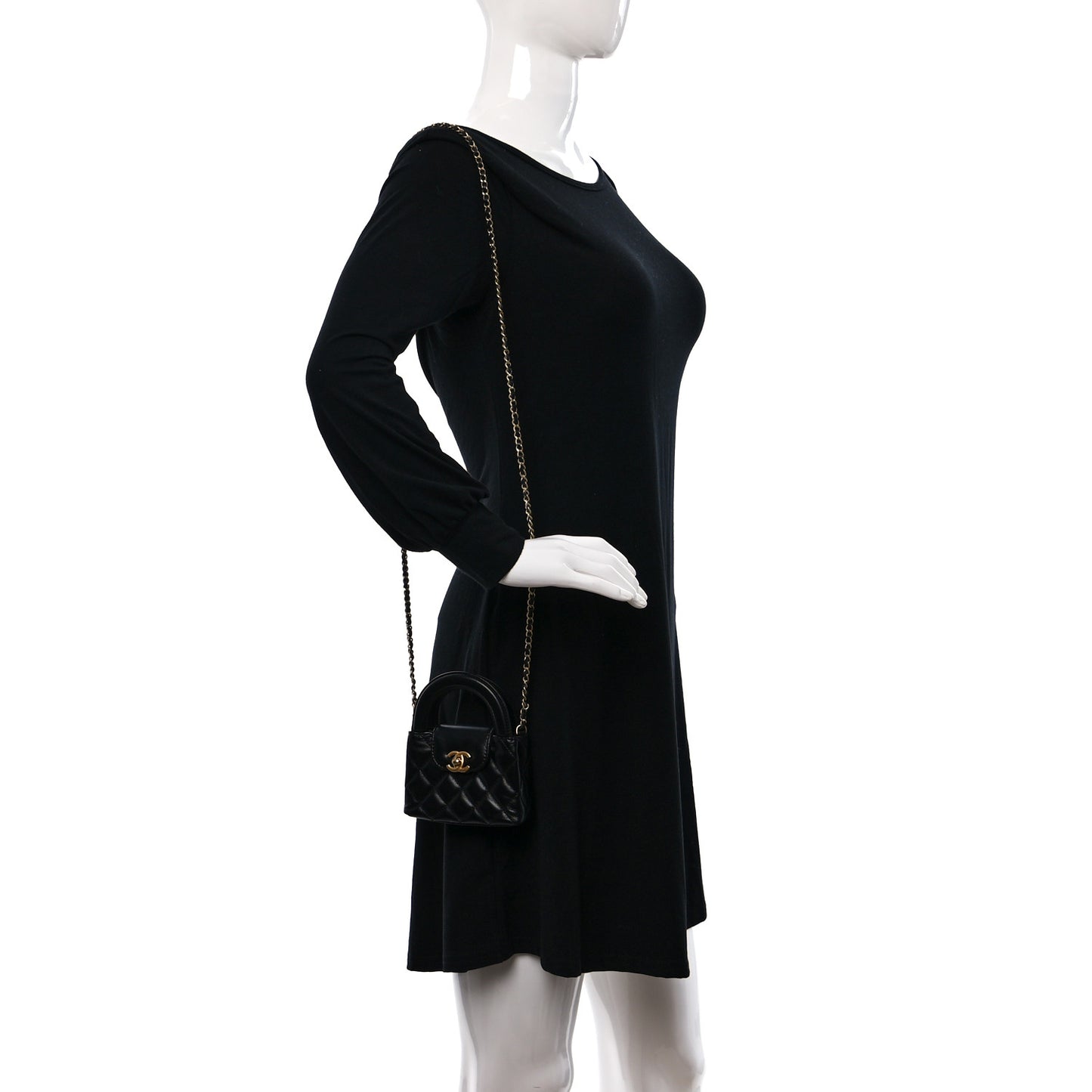Shiny Aged Calfskin Quilted Mini Nano Kelly Shopper Black