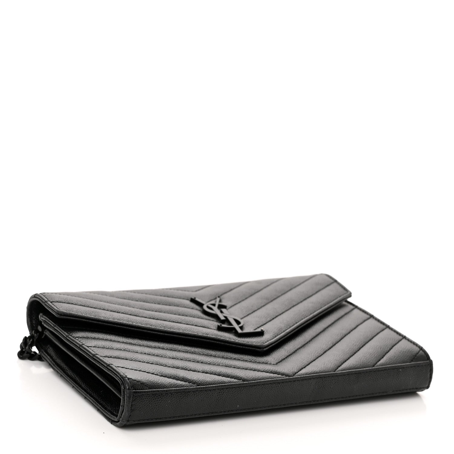 Saint Laurent Grain De Poudre Matelasse Chevron Monogram Monochrome Chain Wallet Black 4 of 11