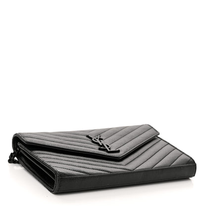 Saint Laurent Grain De Poudre Matelasse Chevron Monogram Monochrome Chain Wallet Black 4 of 11