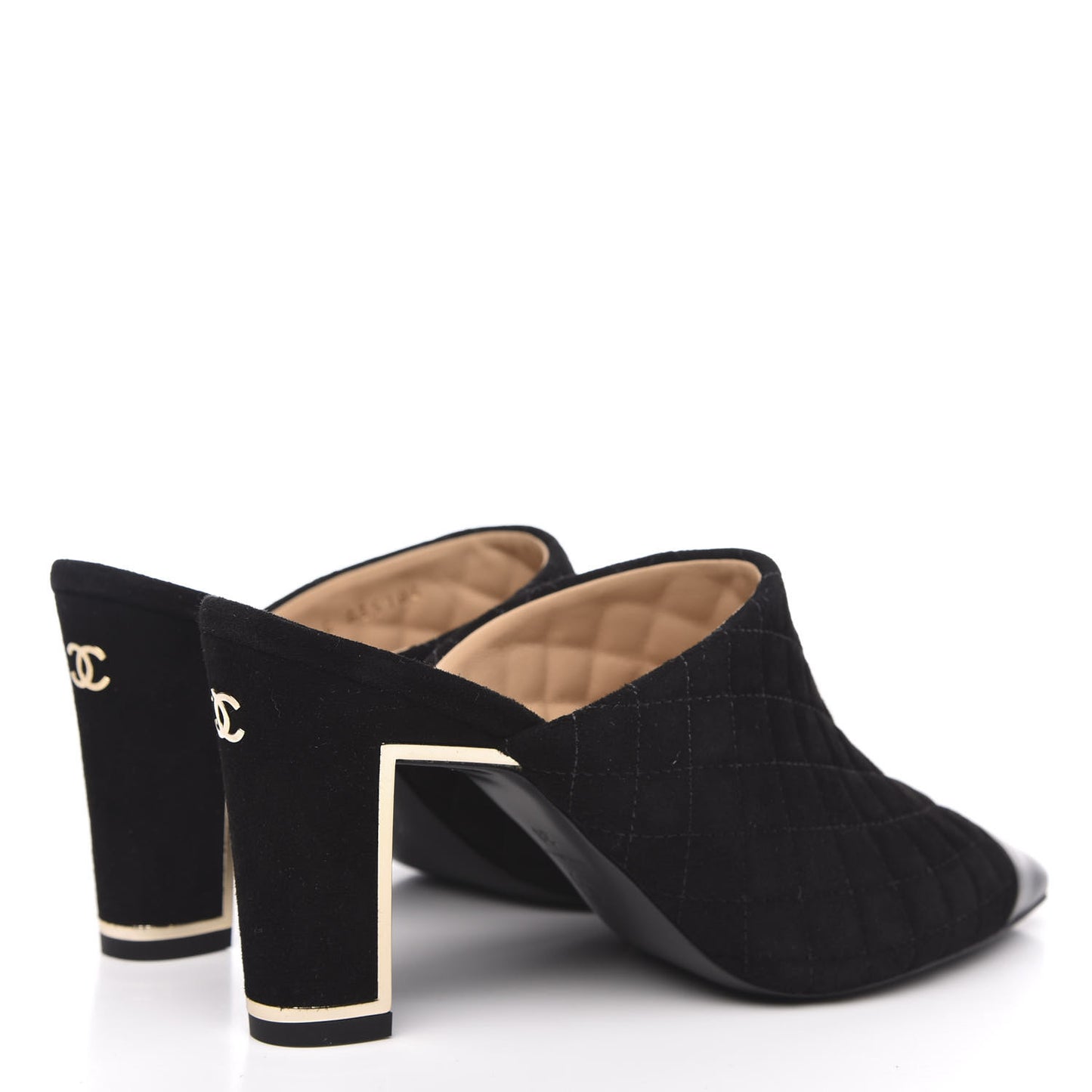 Suede Lambskin Quilted Cap Toe Mules 38 Black
