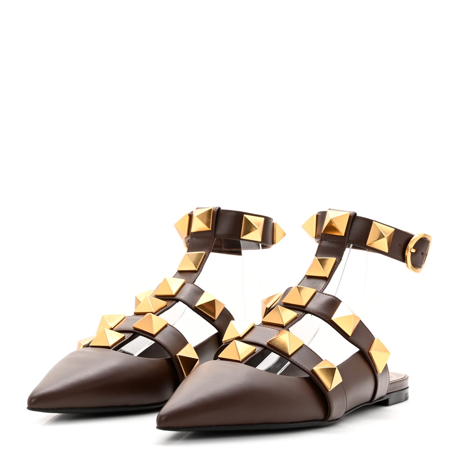 Valentino Garavani Calfskin Roman Stud Ankle Strap Flat Mules 38 Teak Brown 3 of 9