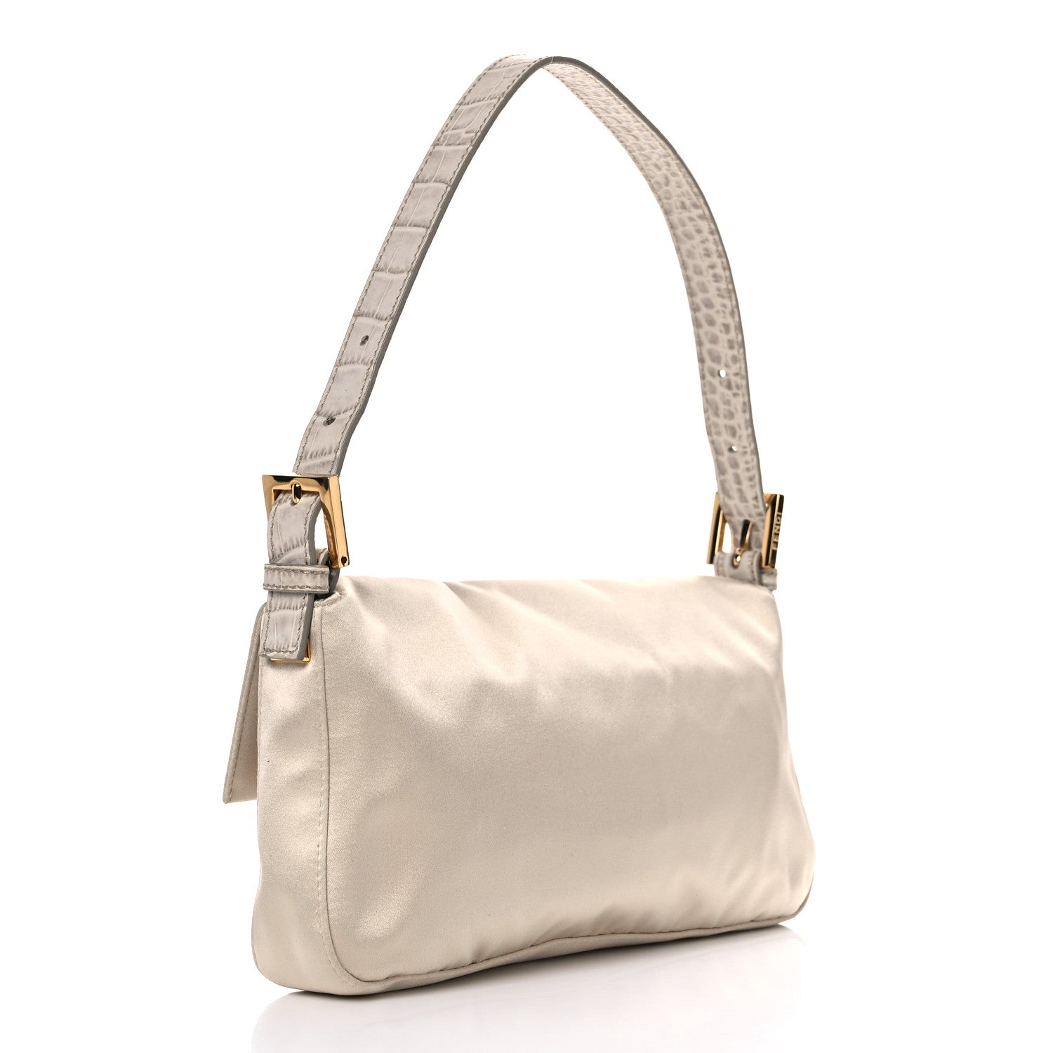Fendi Satin Calfskin Crystal Crocodile Embossed Baguette Beige Pietra 3 of 15