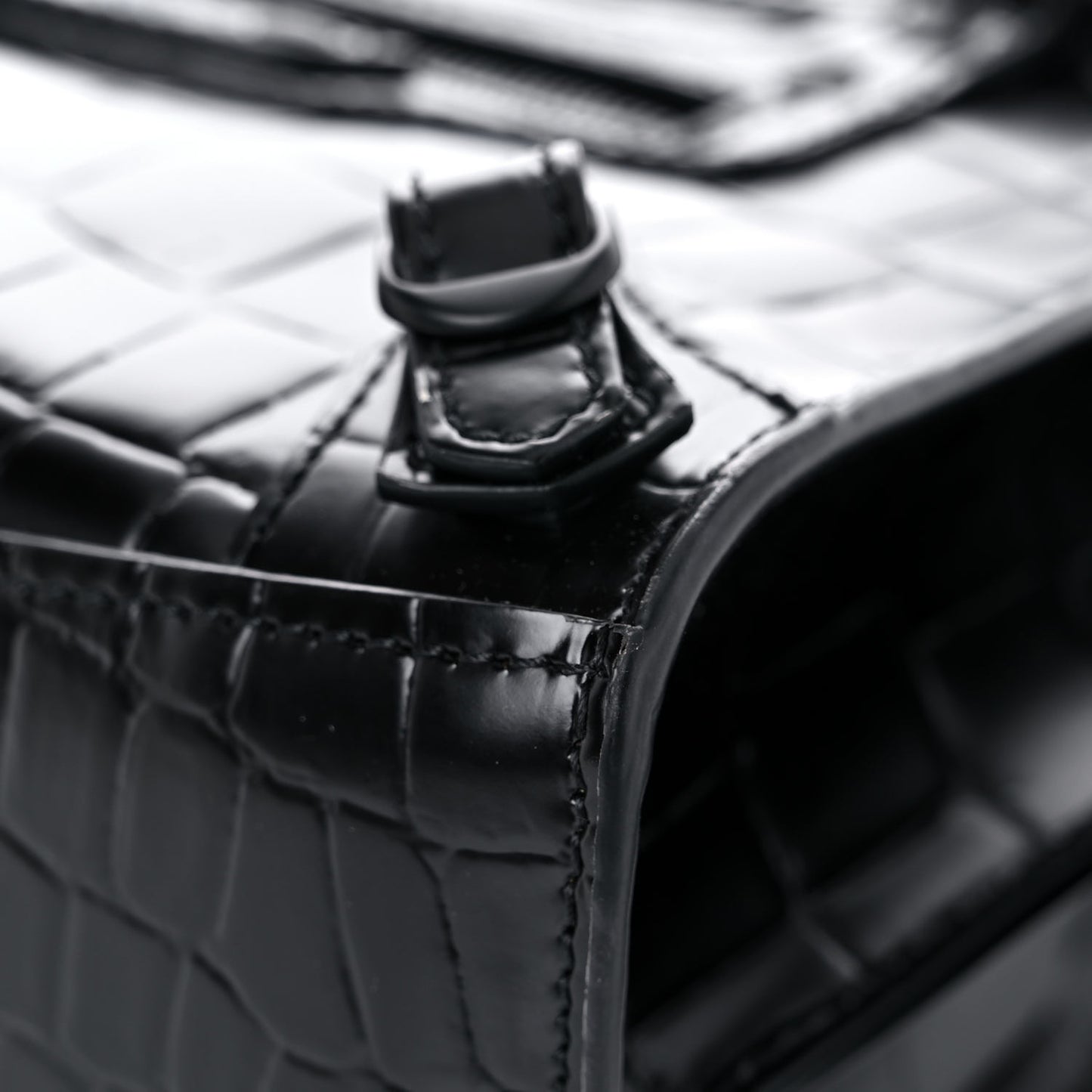 Semi Shiny Calfskin Crocodile Embossed Neo Classic Black Hardware Mini City Black