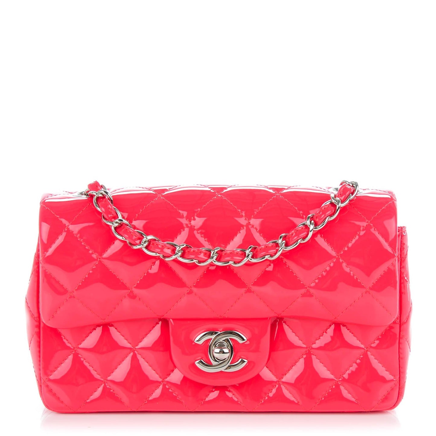 Patent Calfskin Quilted Mini Rectangular Flap Coral
