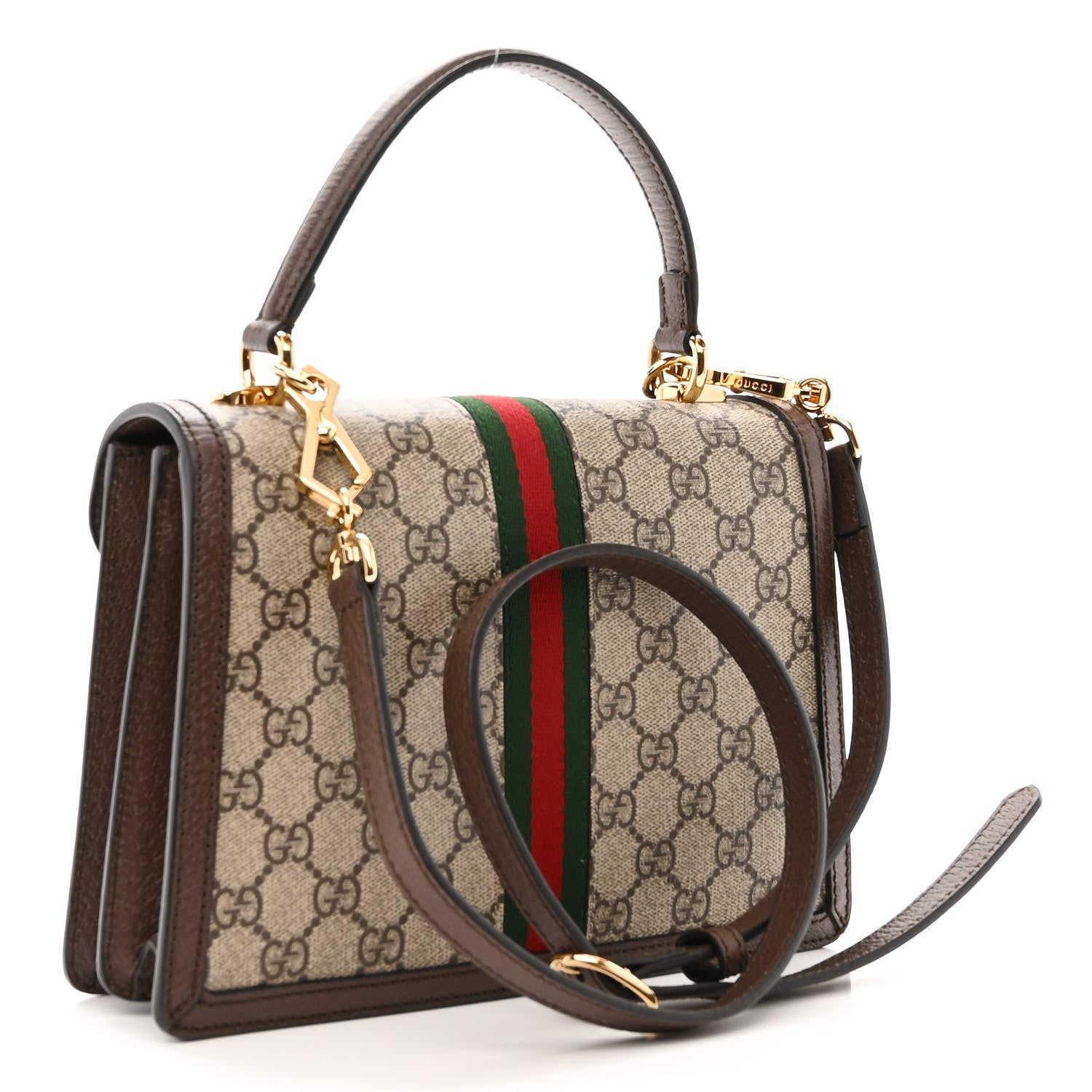 Gucci GG Supreme Monogram Textured Dollar Calfskin Web Small Ophidia Padlock Top Handle Bag Beige Ebony New Acero 3 of 11