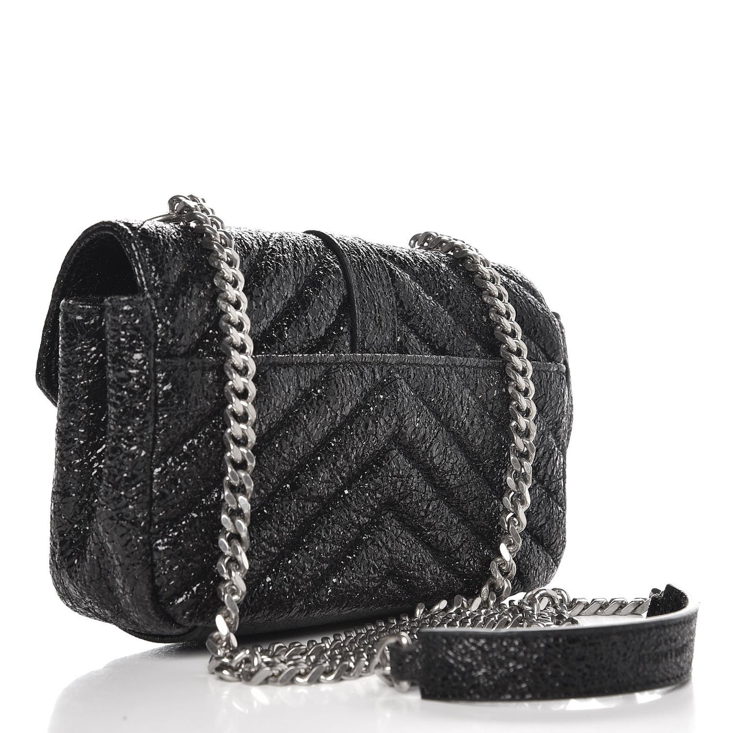 Metallic Crackled Calfskin Chevron Monogram Classic Baby Punk Chain Bag Black