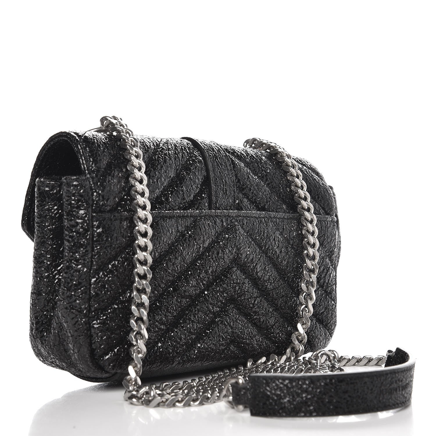 Saint Laurent Metallic Crackled Calfskin Chevron Monogram Classic Baby Punk Chain Bag Black 3 of 7