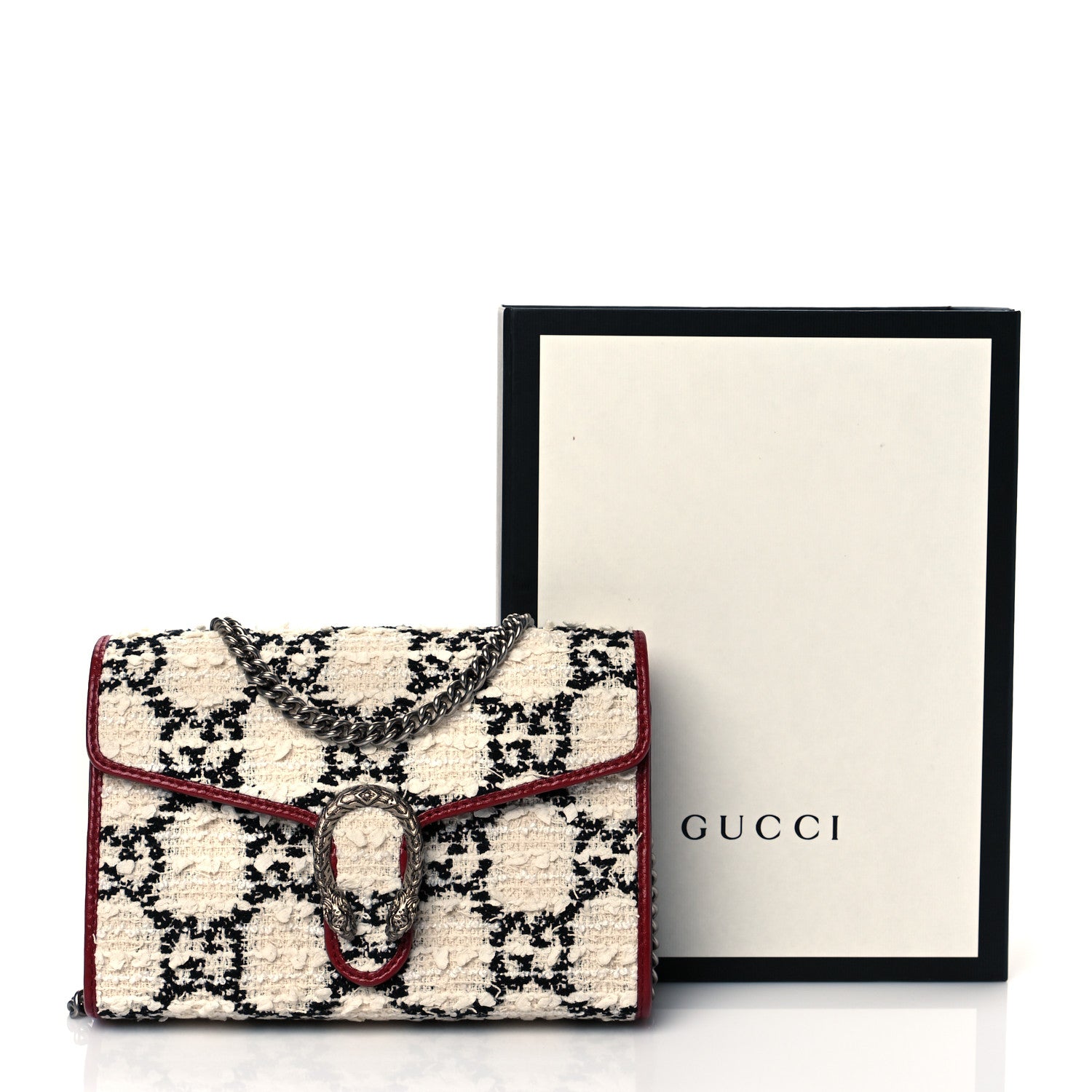 Gucci Tweed GG Monogram Mini Dionysus Chain Wallet White Black Romantic Cherry 10 of 10