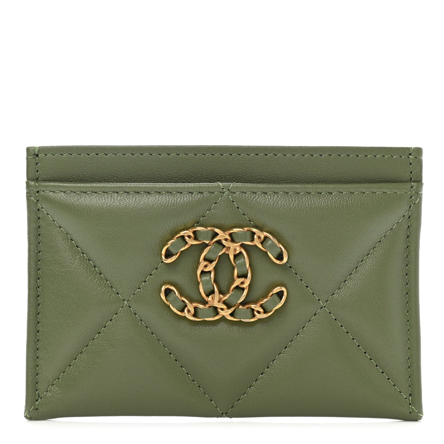 Lambskin Quilted Chanel 19 Card Holder Green