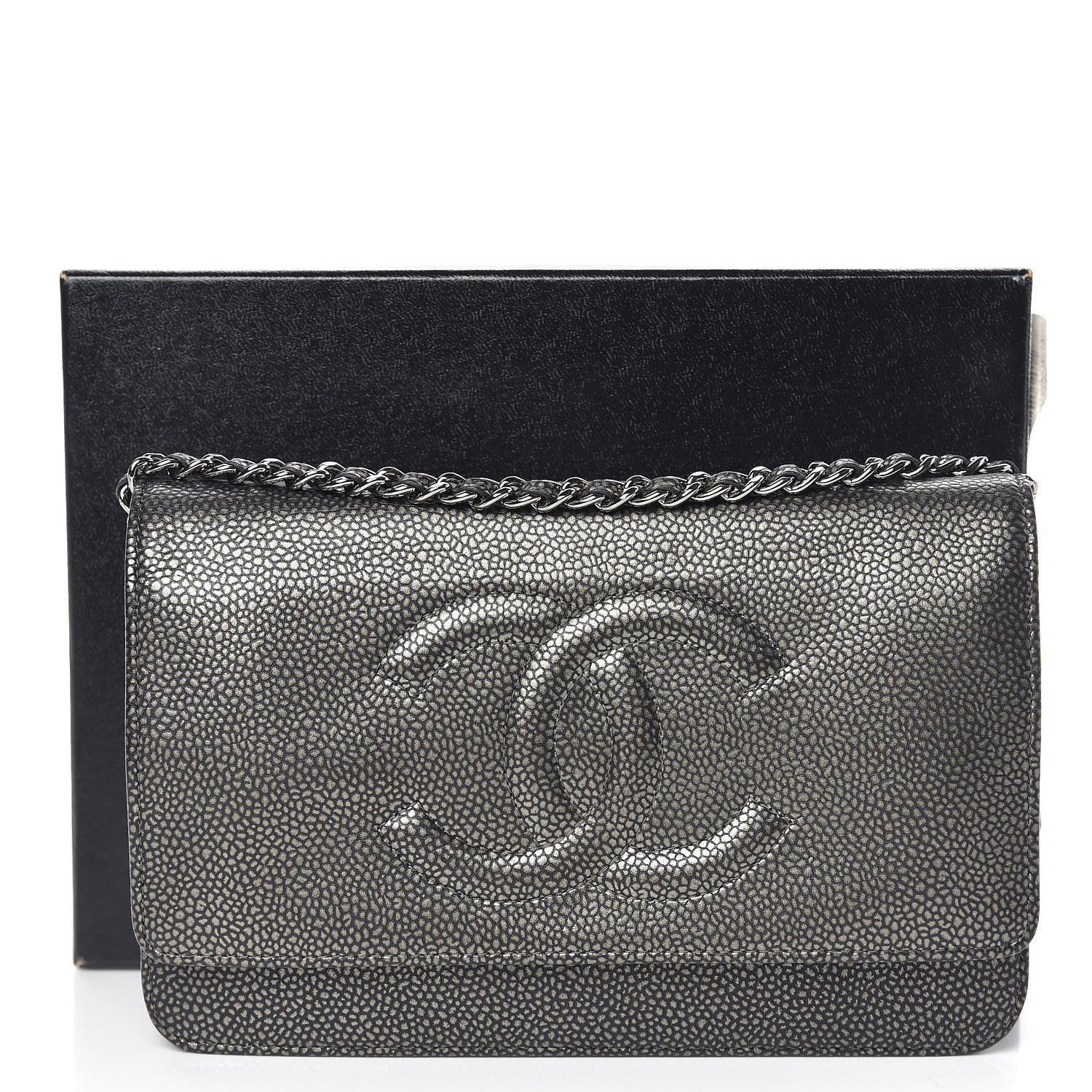 Chanel Metallic Caviar Timeless CC Wallet On Chain WOC Grey 11 of 12