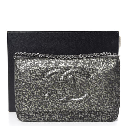 Chanel Metallic Caviar Timeless CC Wallet On Chain WOC Grey 11 of 12