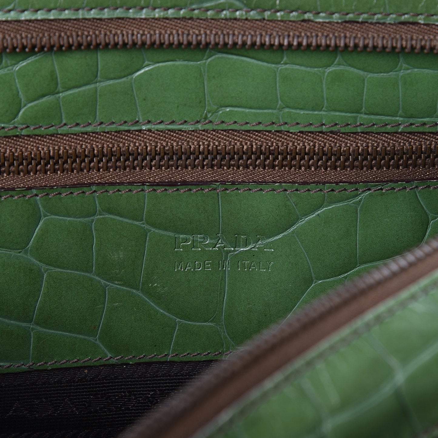 Shiny Calfskin Crocodile Embossed Double Zip Bauletto Larice