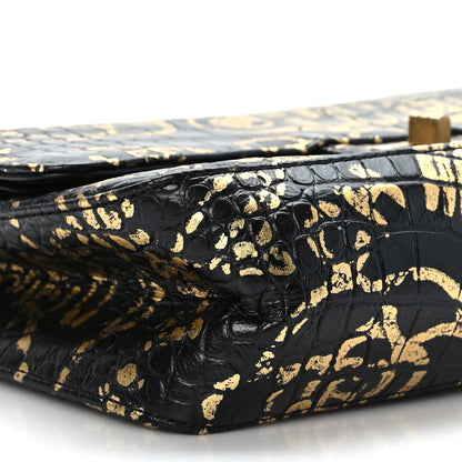 Chanel Calfskin Crocodile Embossed Graffiti 2.55 Cocodile Reissue 225 Flap Black Gold 8 of 9