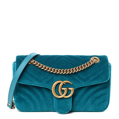 Gucci Velvet Matelasse Small GG Marmont Shoulder Bag Pavone Cyan 1 of 9
