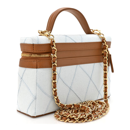 Chanel Washed Denim Calfskin Quilted Top Handle Slim Vanity Case With Chain Blue Brown 2 of 11