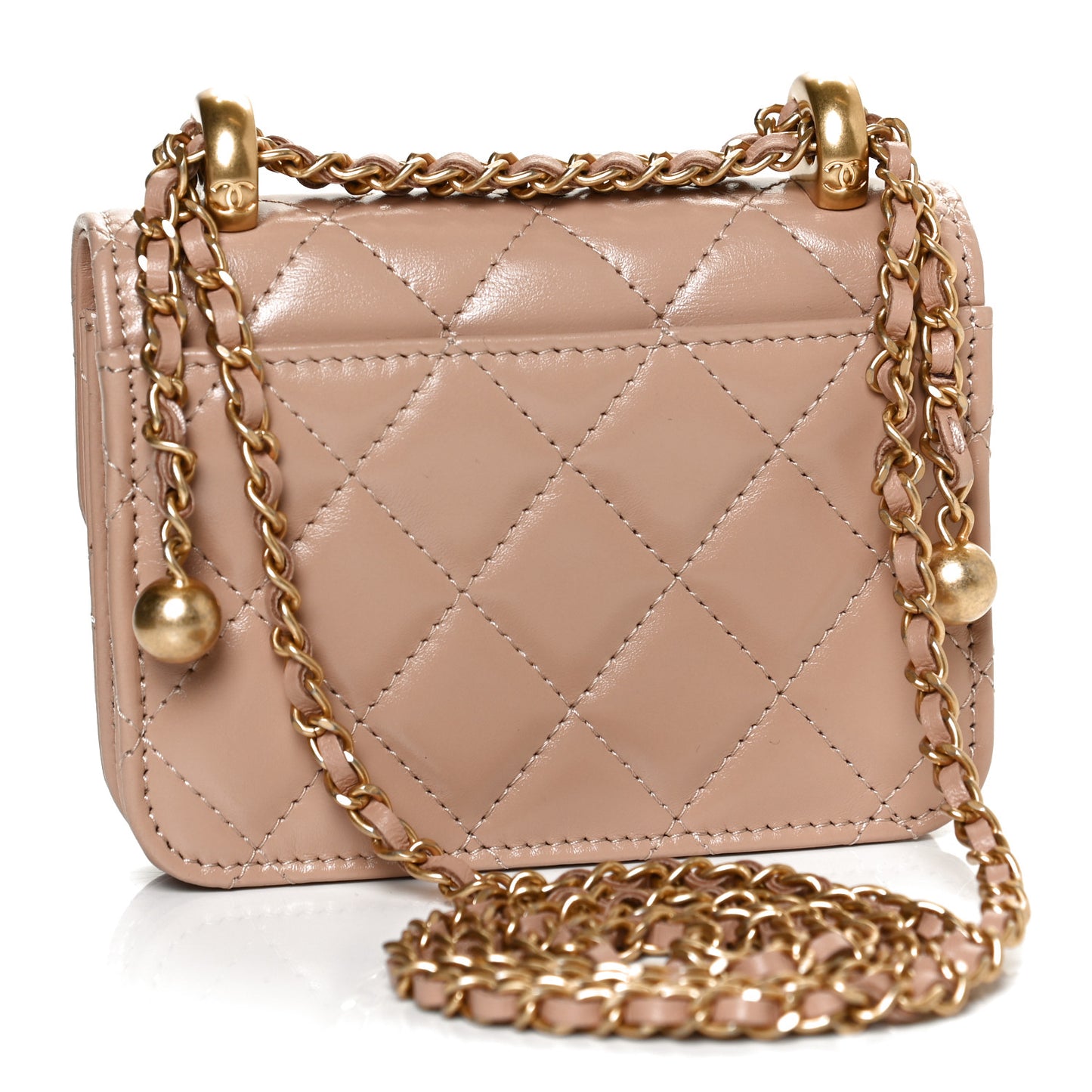 Calfskin Quilted Perfect Fit Coin Purse With Chain Beige