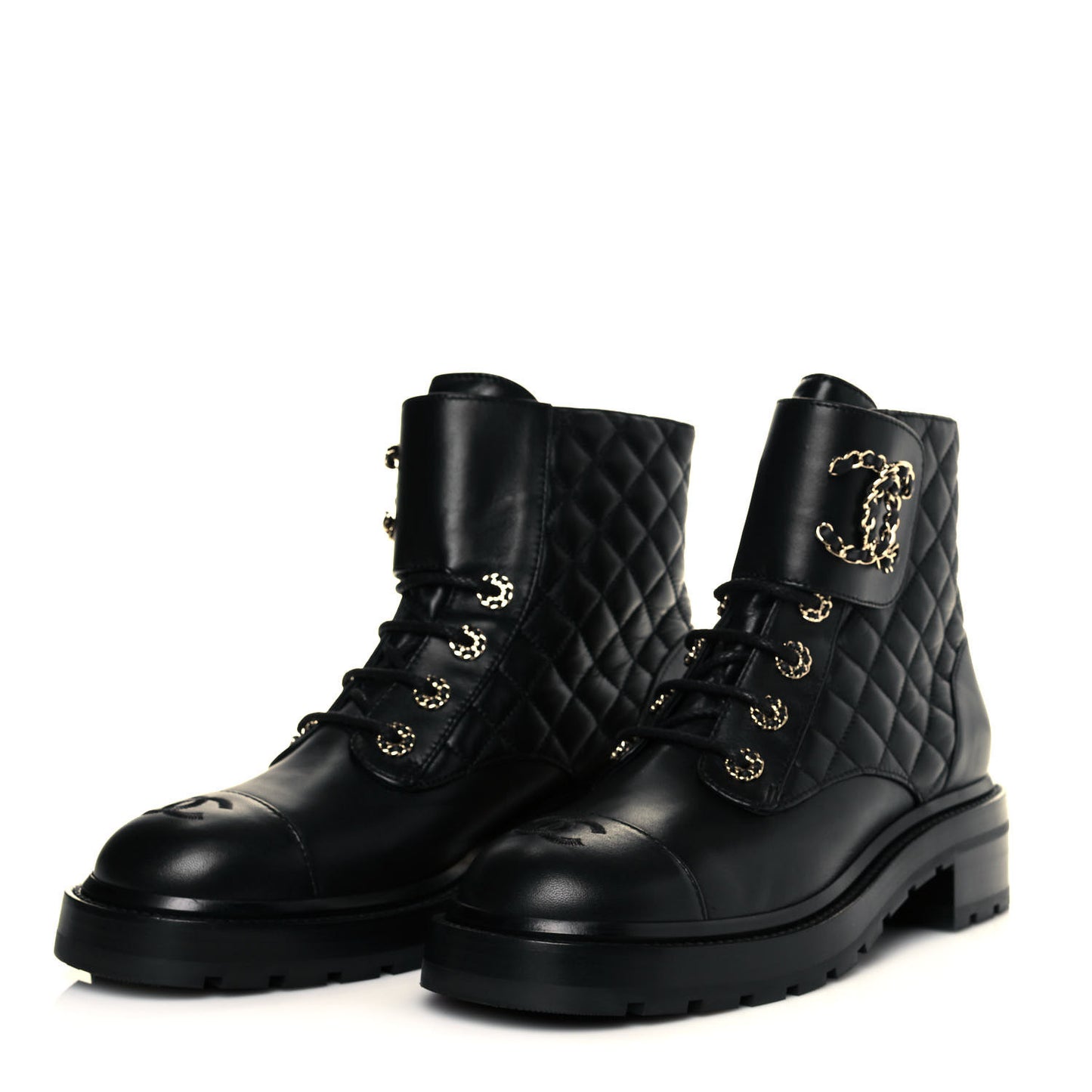Shiny Lambskin Quilted Lace Up Combat Boots 39 Black
