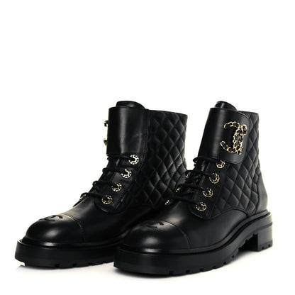 Chanel Shiny Lambskin Quilted Lace Up Combat Boots 39 Black 3 of 8