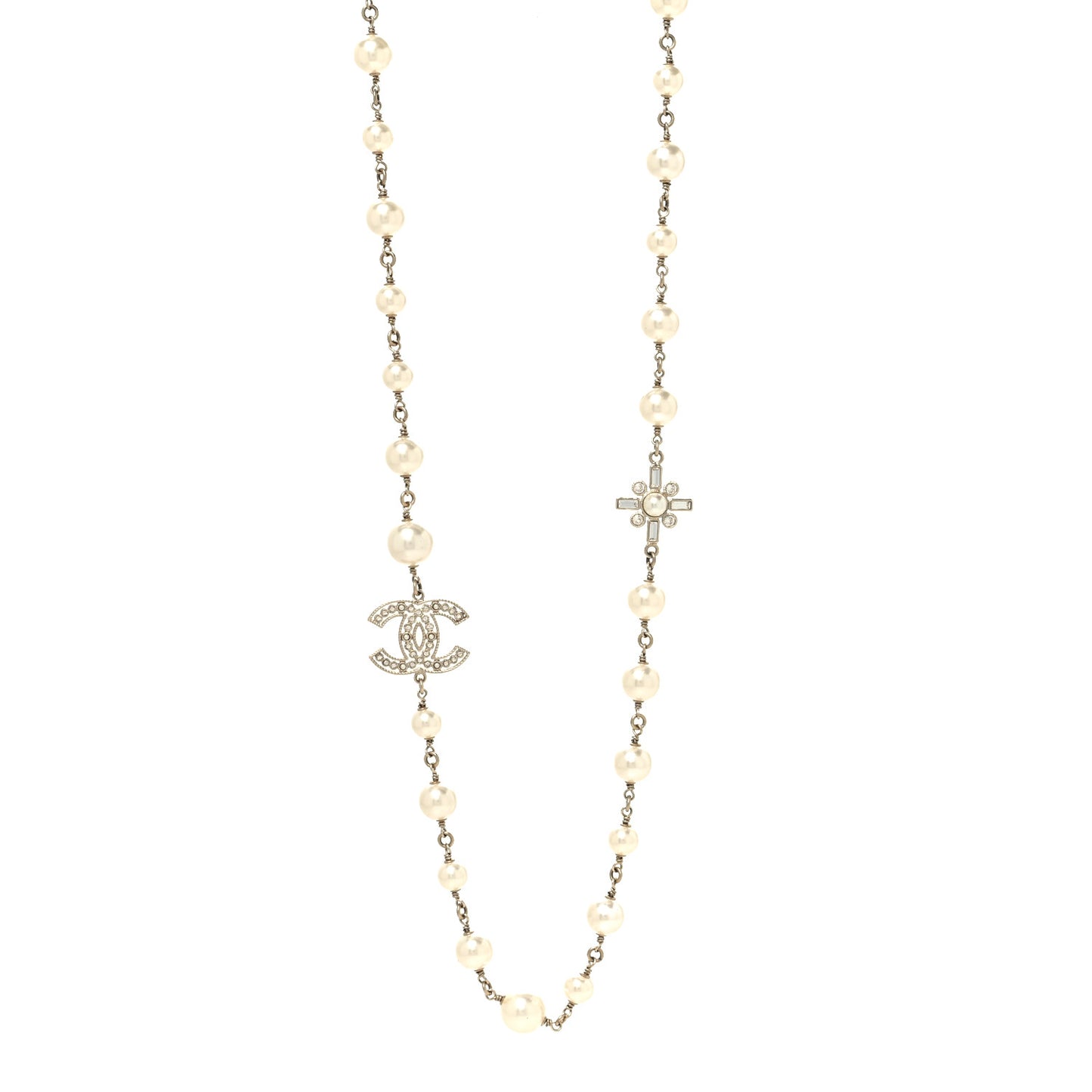 Crystal Baguette Pearl CC Cross Necklace Gold