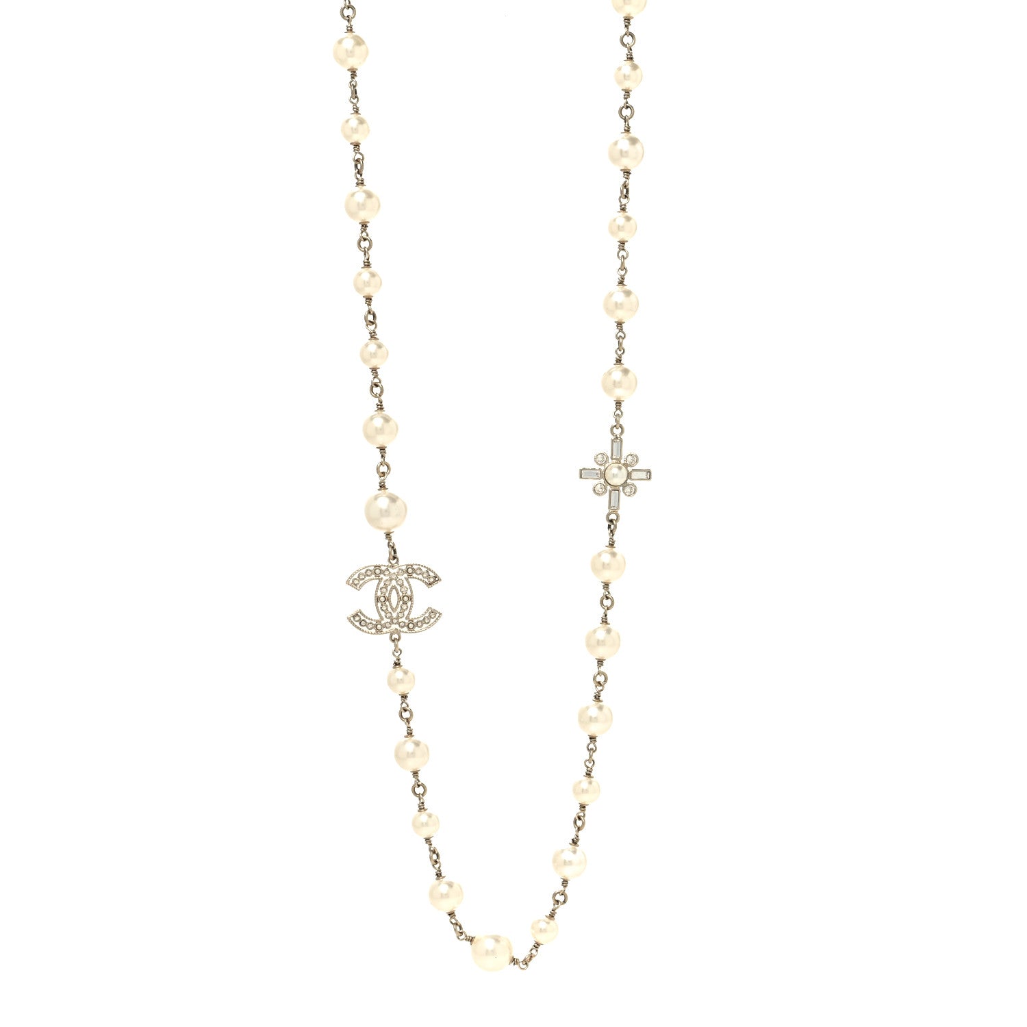 Chanel Crystal Baguette Pearl CC Cross Necklace Gold 1 of 5