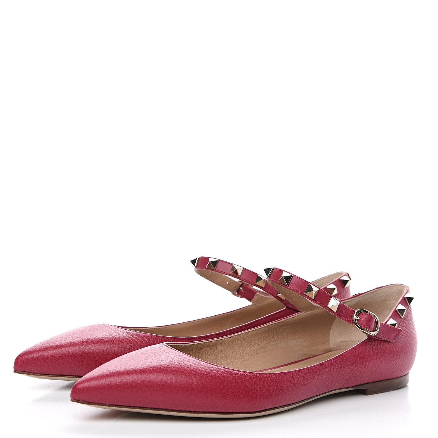 Valentino Garavani Pebbled Calfskin Rockstud Ankle Strap Ballerina Flats 38.5 Deep Fuxia 3 of 9