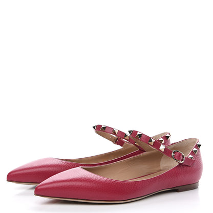 Valentino Garavani Pebbled Calfskin Rockstud Ankle Strap Ballerina Flats 38.5 Deep Fuxia 3 of 9