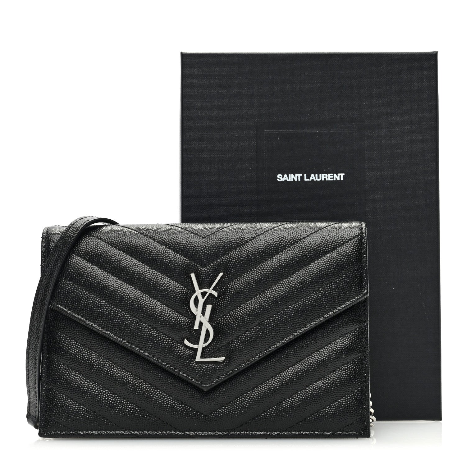 Saint Laurent Grain De Poudre Matelasse Chevron Monogram Envelope Chain Wallet Black 10 of 10