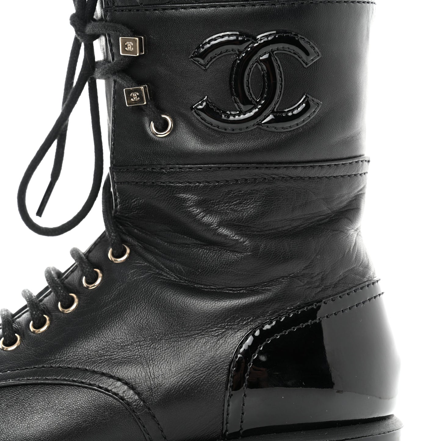 Lambskin Patent Calfskin Quilted CC Lace Up Combat Boots 37 Black