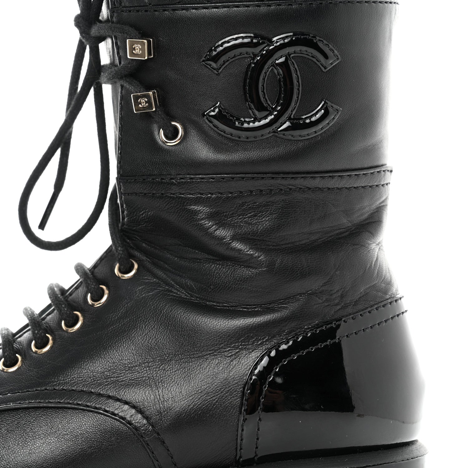 Chanel Lambskin Patent Calfskin Quilted CC Lace Up Combat Boots 37 Black 10 of 12