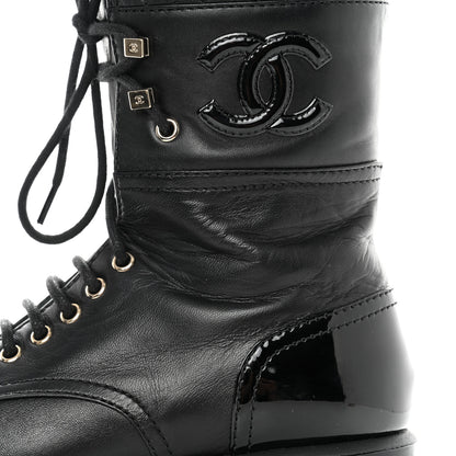 Chanel Lambskin Patent Calfskin Quilted CC Lace Up Combat Boots 37 Black 10 of 12