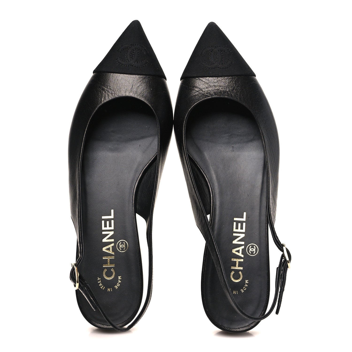 Chanel Goatskin Grosgrain Pointed Toe CC Slingback Flats 36.5 Black 2 of 8