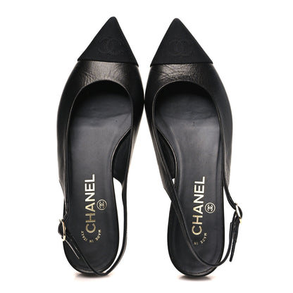 Chanel Goatskin Grosgrain Pointed Toe CC Slingback Flats 36.5 Black 2 of 8
