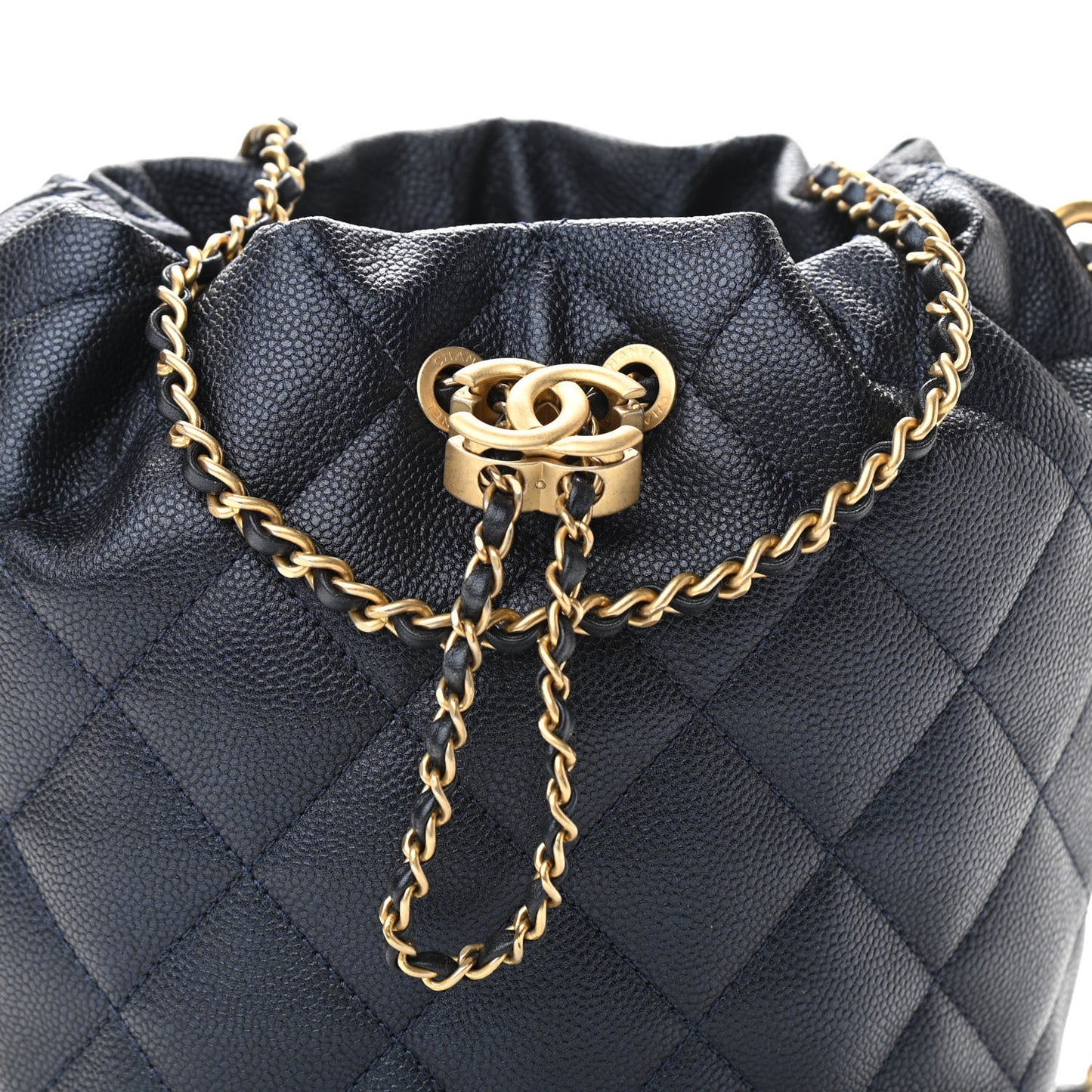 Iridescent Caviar Quilted My Perfect CC Bucket Drawstring Bag Blue