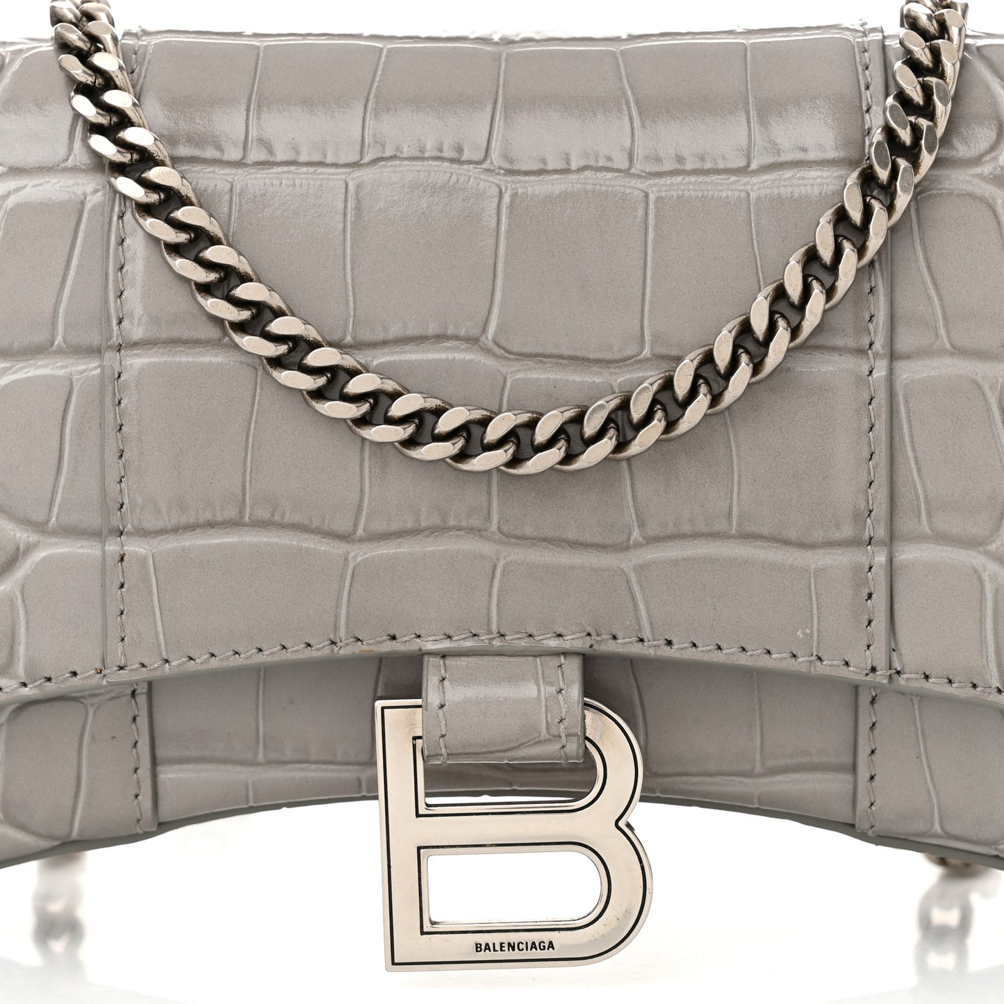 Shiny Calfskin Crocodile Embossed Hourglass Chain Bag Balenciaga Steel Grey