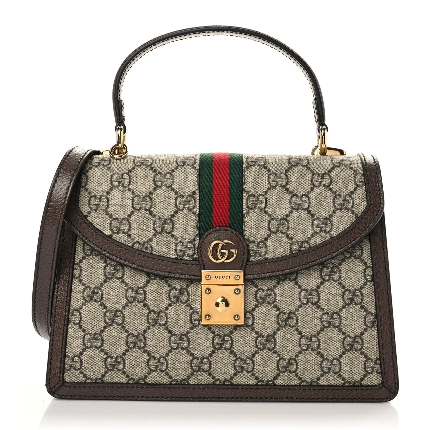 GG Supreme Monogram Textured Dollar Calfskin Web Small Ophidia Padlock Top Handle Bag Beige Ebony New Acero