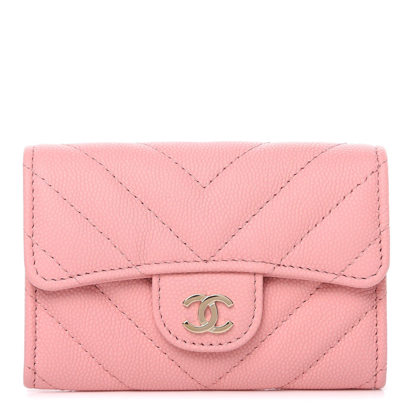 Caviar Chevron Quilted Card Holder Wallet Pink