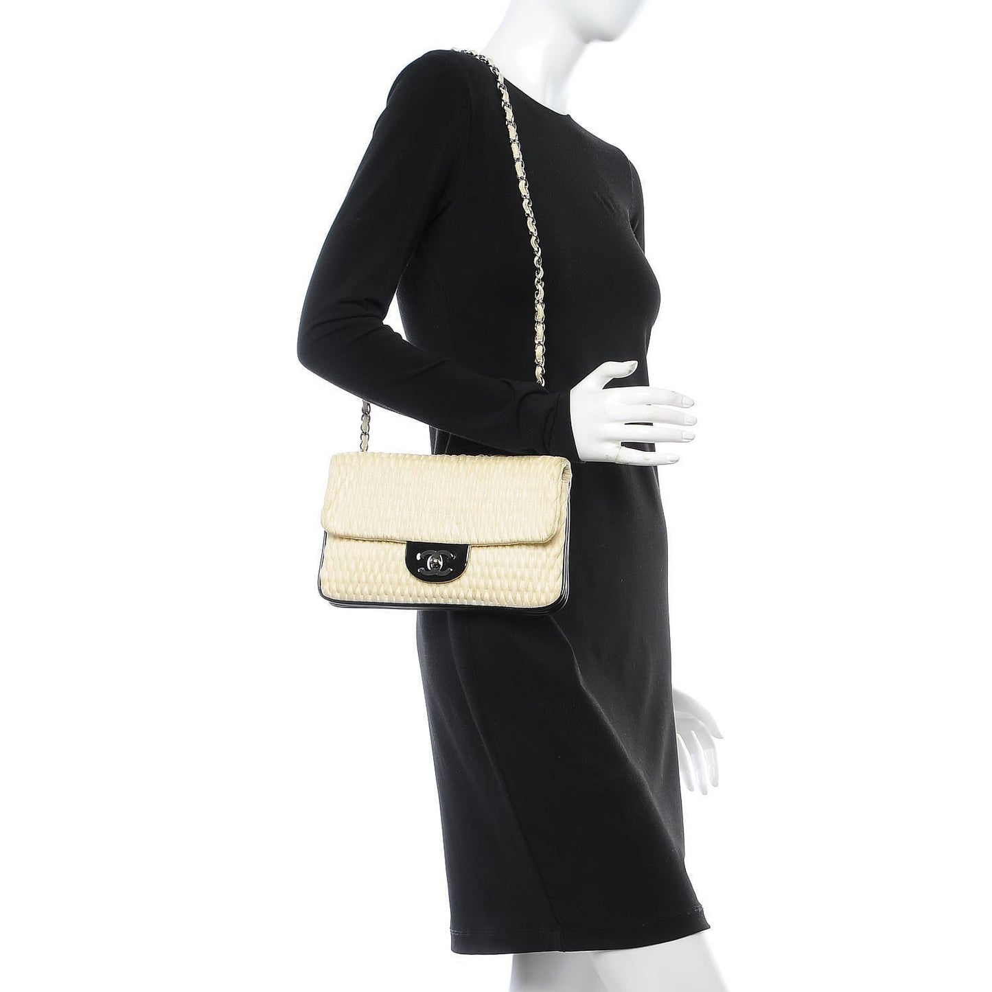 Vinyl Lambskin Quilted Shoulder Flap Beige Black
