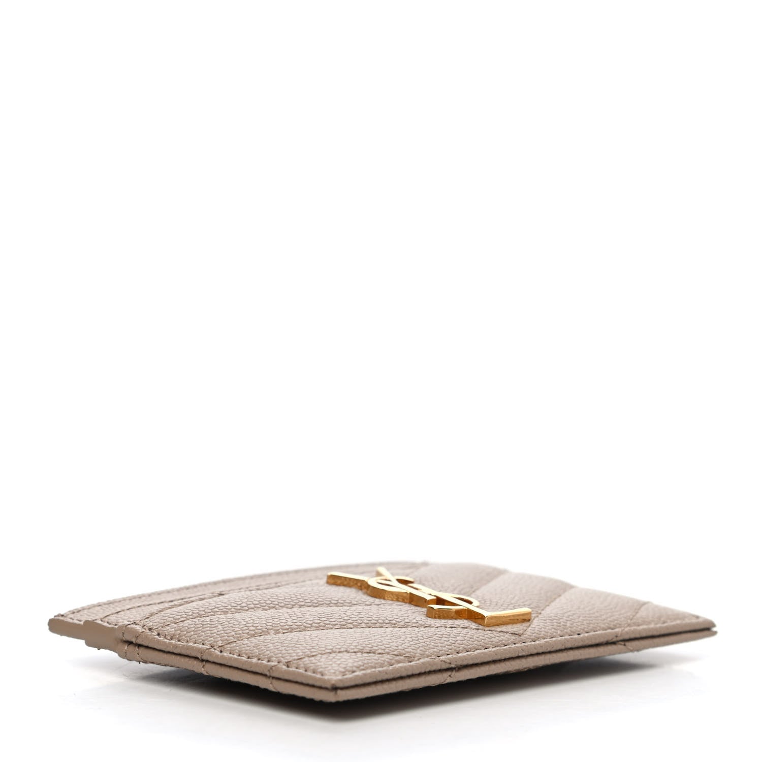 Saint Laurent Grain De Poudre Matelasse Chevron Monogram Credit Card Case Dark Beige 3 of 4
