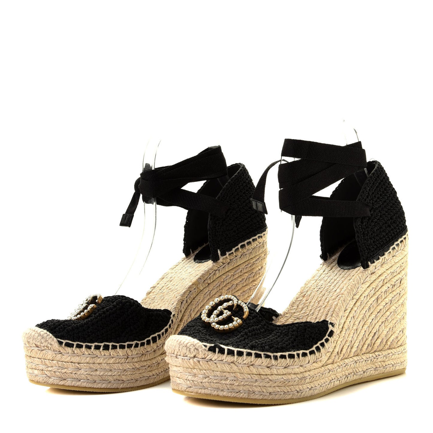 Cotton Crochet Pearly GG Ankle Wrap Platform Espadrille Wedges 39 Black
